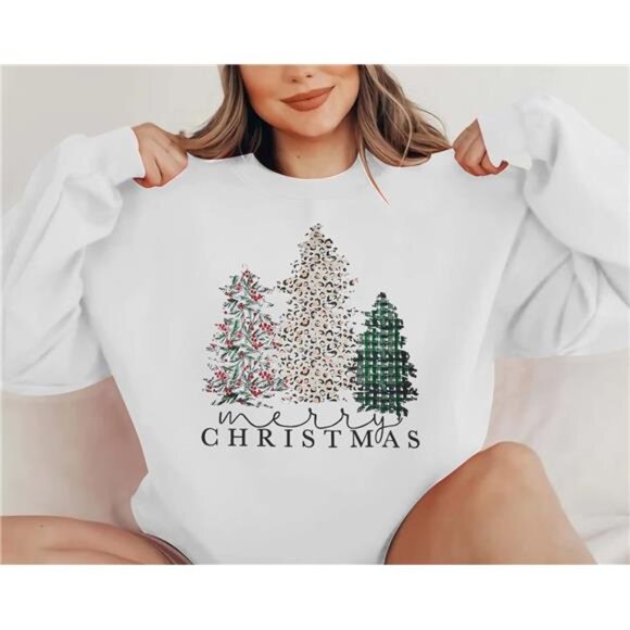 Merry Christmas Sweatshirt for Women - Plaid Holiday Long Sleeve Tree - Picture 4 of 6
